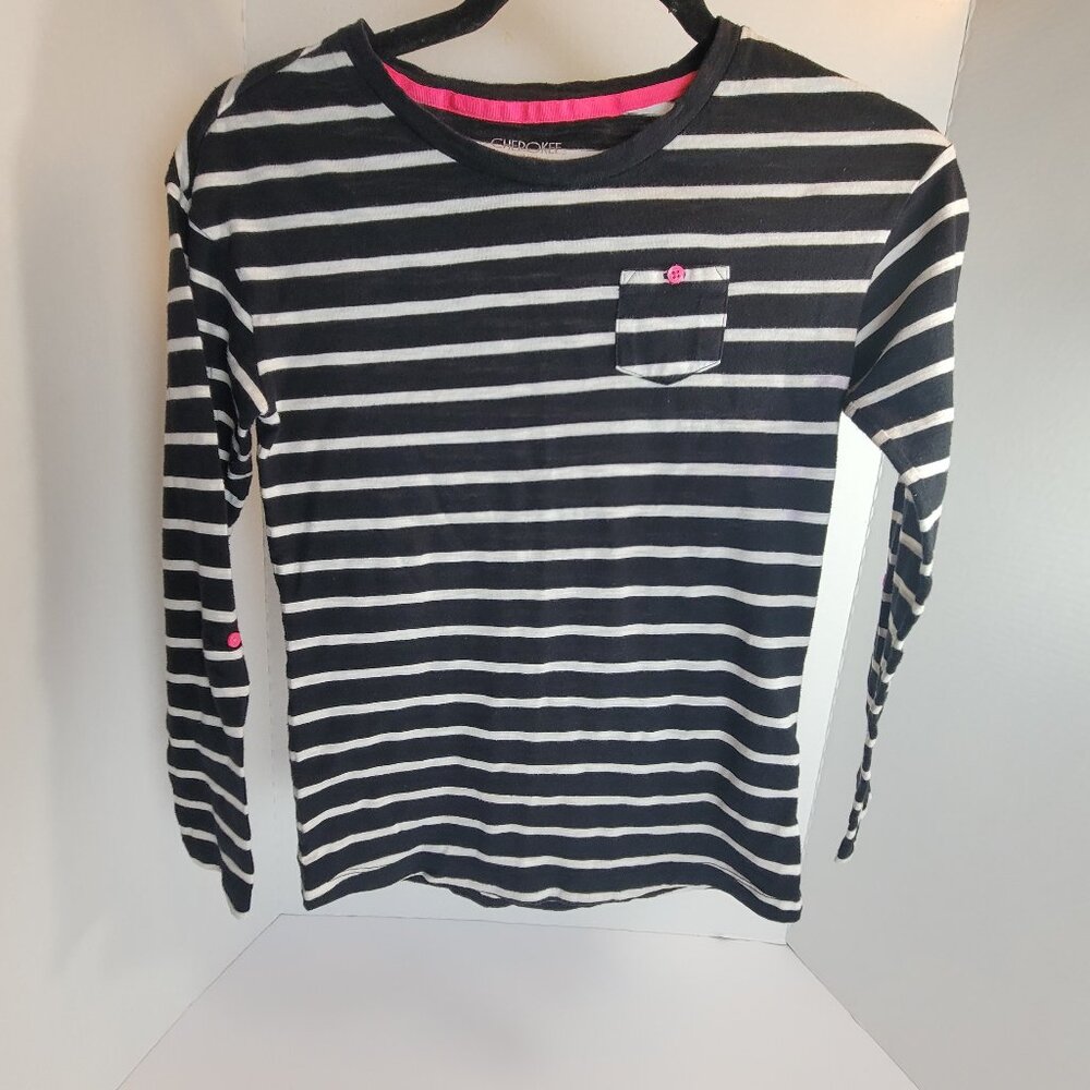 Cherokee Girls Top Size L (10-12) Black/White Strips long roll tab sleeve